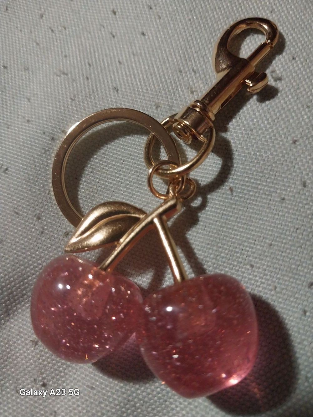 Pink Cherry Bag Charm/Keychain - Gold Tone